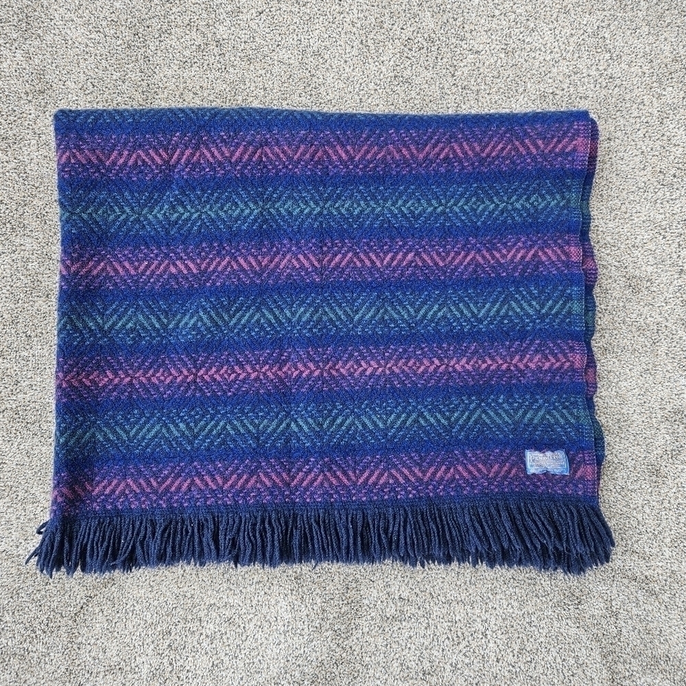 Vintage Pendleton 100% Wool Stadium Blanket Jewel Tones Fringe Throw 54x46